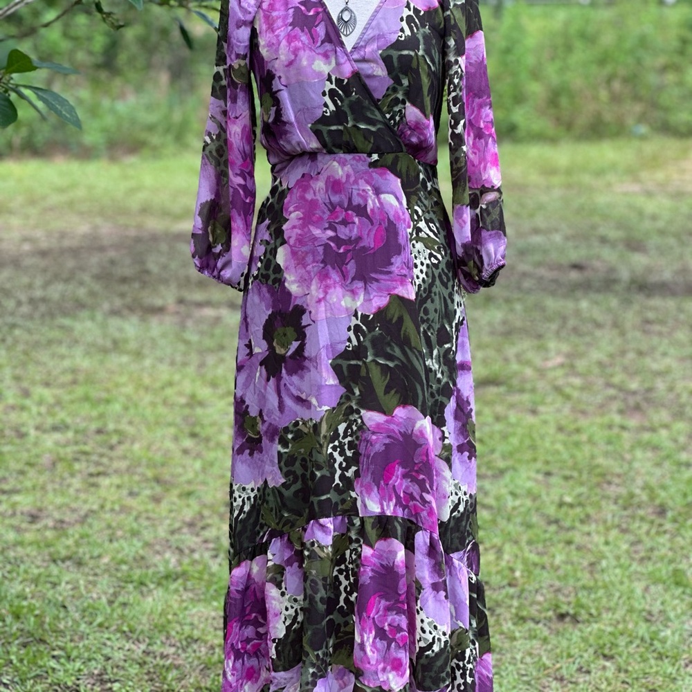 Julian Taylor Purple Maxi Dress with V-Neck and Bishop Sleeves